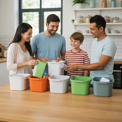 Family sorting recyclables at home in the UAE