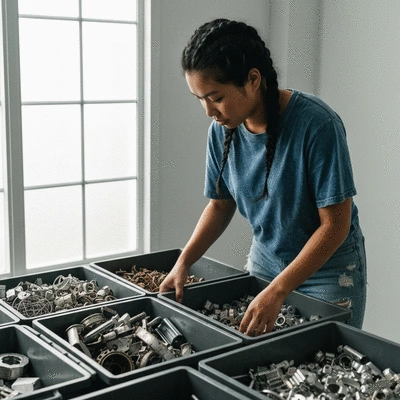 Person sorting scrap metal at home