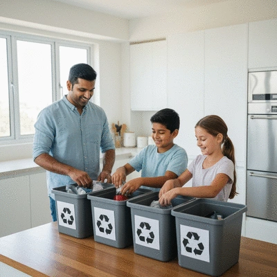 Family sorting recyclables at home in the UAE