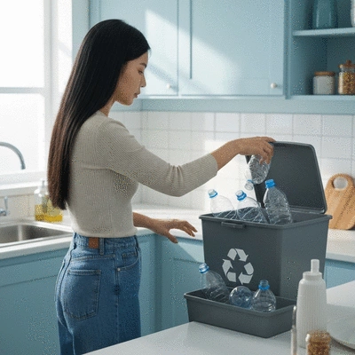 Person sorting plastic bottles into a recycling bin at home