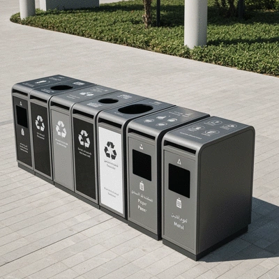 Modern recycling bins in a clean, public space in the UAE