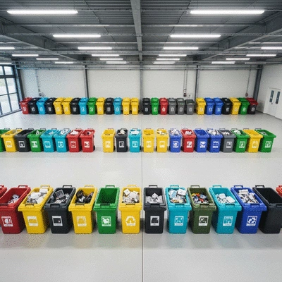Recycling bins for different types of electronic waste, clearly labeled and organized in a modern facility, representing efficient sorting and disposal