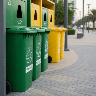 Recycling bins with sorted plastic waste in an urban setting in the UAE