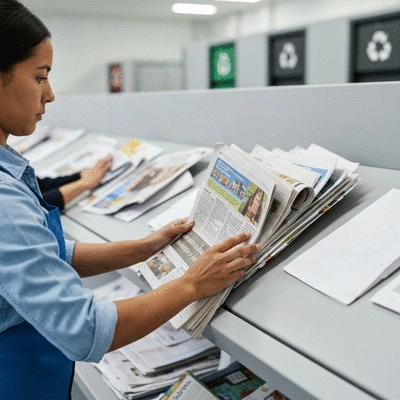 Person sorting different types of paper for recycling in a clean, brightly lit modern recycling facility. Focus on hands and paper, with blurred background, no text, no words, no typography, 8K, professional photography