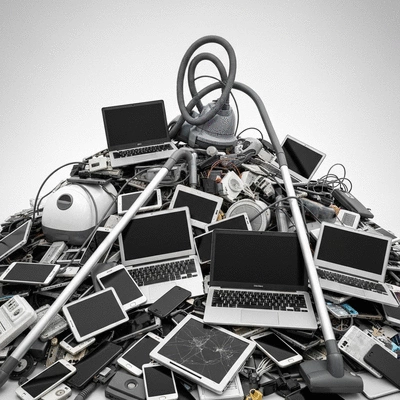 Pile of discarded electronic devices like smartphones, laptops, and household appliances in a recycling facility