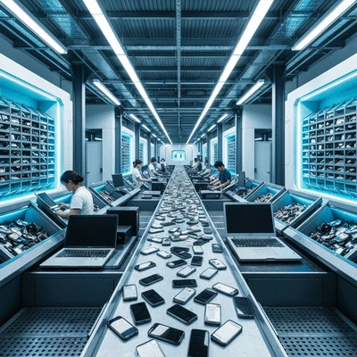 Modern e-waste recycling facility with electronics being sorted