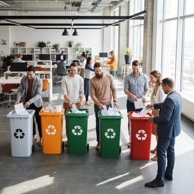 Modern office environment with employees actively participating in sorting paper waste into clearly labeled recycling bins. Bright and clean, focus on interaction, no text, no words, no typography, 8K, professional photography