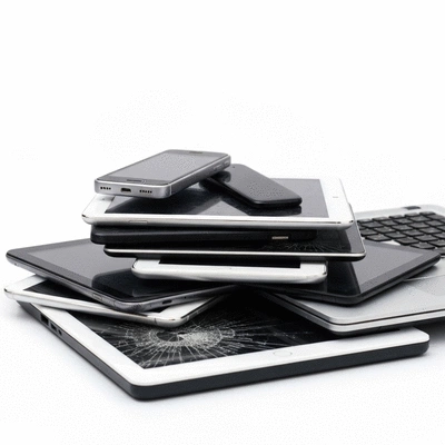 Assortment of discarded electronic devices like phones, laptops, and tablets piled up, ready for recycling, clean background, no text, no words, no typography, no labels, clean image
