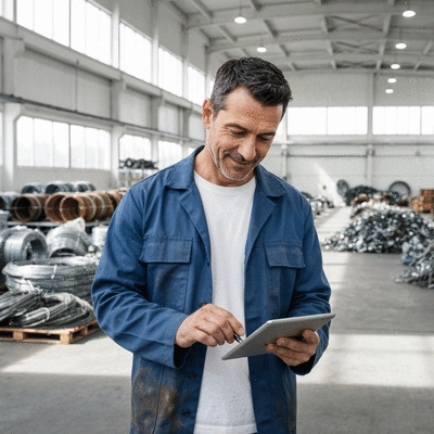 Scrap dealer reviewing legal documents on a tablet, with a background of sorted scrap materials, clean image, no text