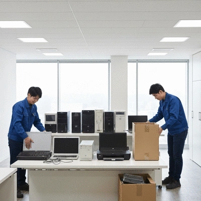 Professional e-waste collection service picking up old electronics from a business office, no text, no words, no typography, clean image