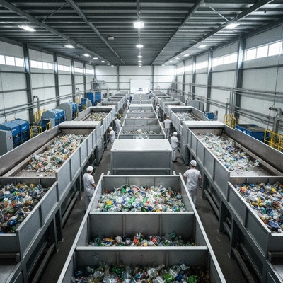 Modern recycling facility with advanced machinery sorting materials, clean industrial environment, clean image, no text, no words, no typography