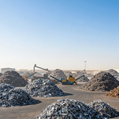 Industrial area in UAE with scrap metal piles and recycling machinery