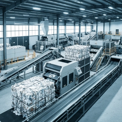 Modern recycling facility in the UAE with paper bales and machinery