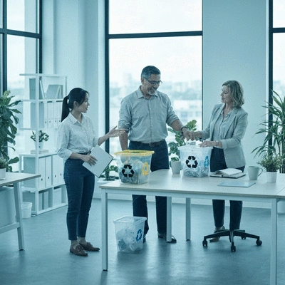 Diverse group of office workers collaborating on a recycling initiative in a modern office