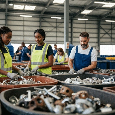Diverse group of people in a modern, clean recycling facility in the UAE sorting different types of scrap metal