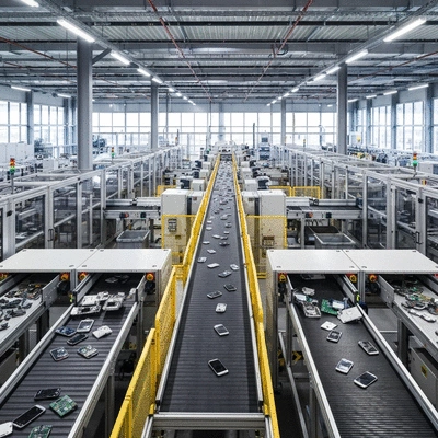 Modern e-waste recycling facility with conveyor belts and sorting machinery