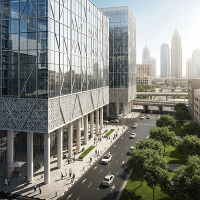 Modern urban landscape in the UAE with visible smart waste bins and green infrastructure
