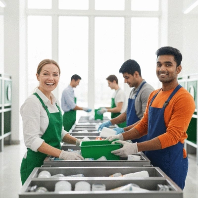People sorting recycling at a modern recycling center, clean image