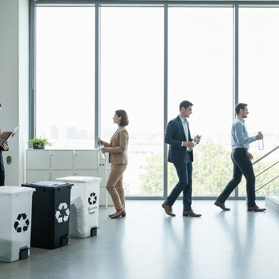 Sustainable business practices in an office setting with recycling bins