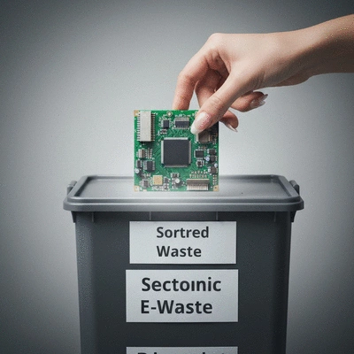 Hand holding a circuit board over a bin of sorted electronic waste, symbolizing careful disposal, clean image, no text, no words, no typography