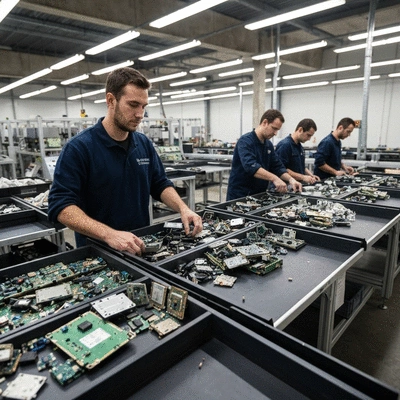 Modern e-waste recycling facility with electronic components being sorted, clean image, no text, no words, no typography