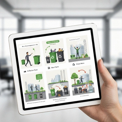 Digital display showing UAE waste management regulations and guidelines