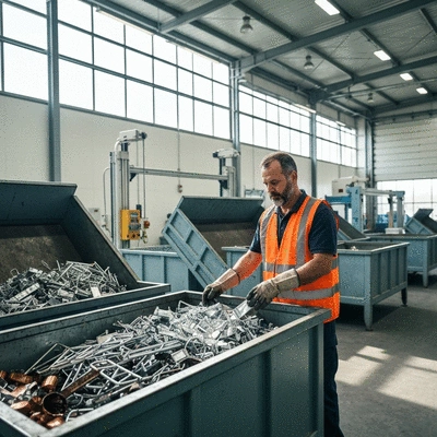 Licensed scrap dealer worker sorting metal in a clean, modern recycling facility in UAE