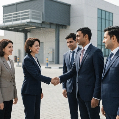 Government official and business leaders shaking hands in front of a modern recycling facility, symbolizing strong regulatory support and collaboration for sustainable practices in the UAE, no text, no words, no typography, 8K