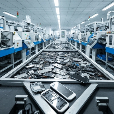 Modern mobile phones being recycled in a clean, high-tech facility in the UAE