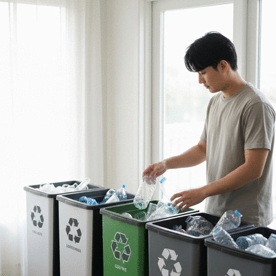 Person sorting plastic waste into recycling bins