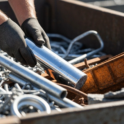 Close-up of various scrap metals being sorted by hand, with different types of metal clearly visible, no text, no words, no typography, 8K, natural lighting