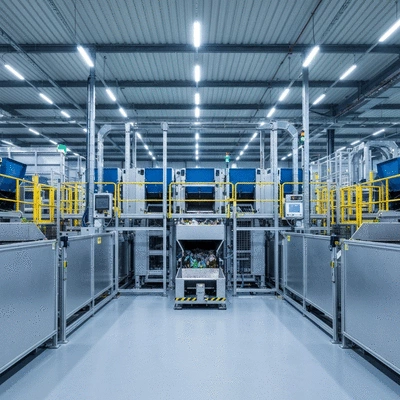 Modern recycling facility in the UAE with visible AI sorting robots and IoT sensors