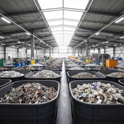 Modern recycling facility in the UAE with various types of scrap materials neatly sorted