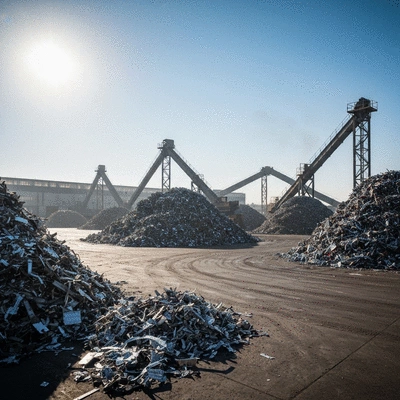 Industrial facility with large piles of sorted scrap metal, bright sunlight, no text, no words, no typography, clean image