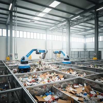 Modern waste sorting facility with AI robots