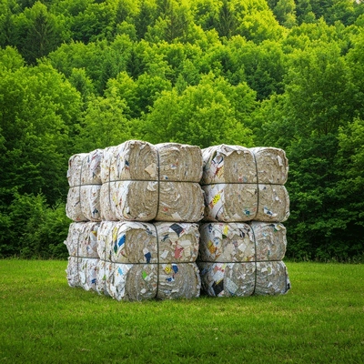 Recycled paper bales and trees in an abstract setting, representing resource conservation