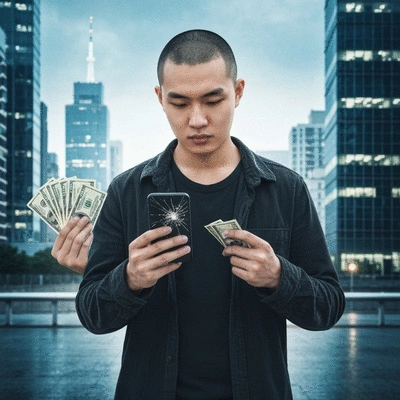 Person using a mobile phone with a cracked screen, holding cash in the other hand, against a modern city background