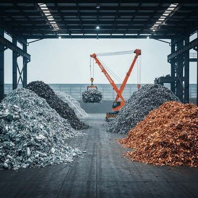 Industrial facility with piles of sorted scrap metal, a crane moving metal, bright lighting, no text, no words, no typography, clean image