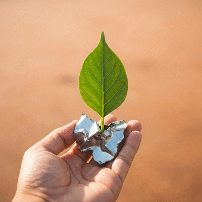 Hand holding a piece of scrap metal with a green leaf growing out of it, symbolizing environmental protection