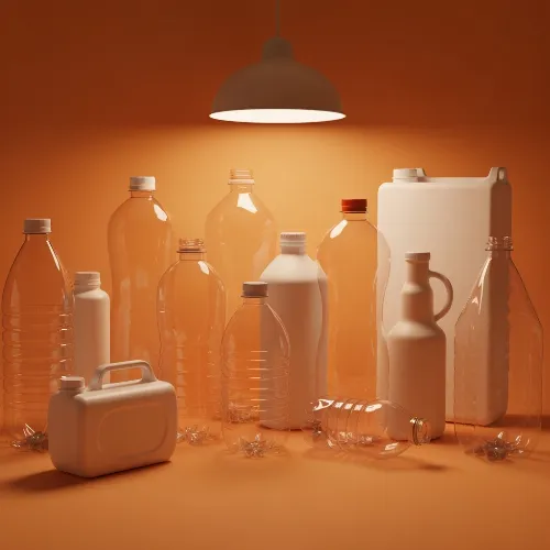Assorted plastic bottles and containers in a recycling bin